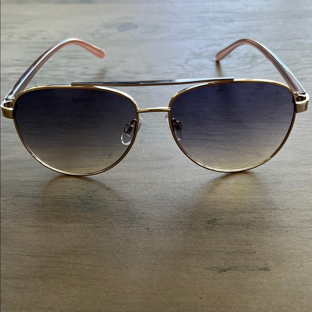 Women’s Aviator Style Gold Frame Sunglasses Blue Gradient Lenses Purple Bow